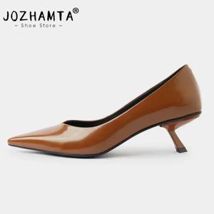 JOZHAMTA 여성용 펌프스 진짜 가죽 얇은 하이힐, 빈티지 포인트 토 슬립온 슈즈, 클래식 오피스 레이디 원피스, 사이즈 34-43