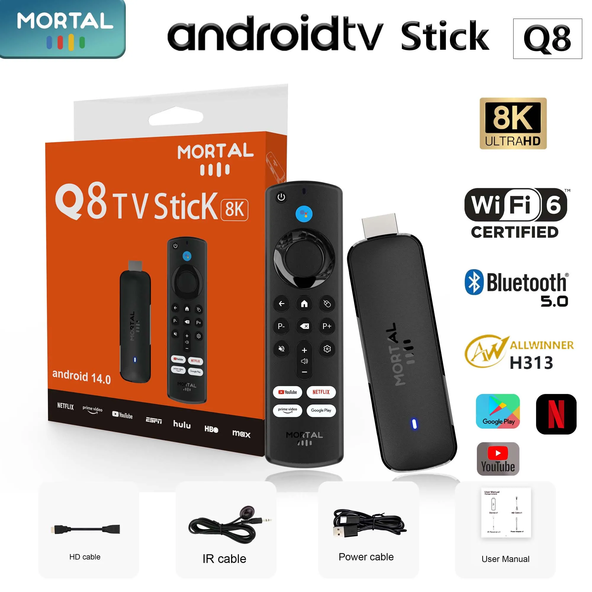 안드로이드 TV 미니 TV 스틱 Mortal Q8 Android14 지원 8K 비디오 4K Wifi6 Allwinner H313 쿼드 코어 음성 리모컨 스마트 Chromecast