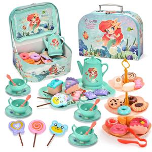 어린 소녀를위한 44pcs 티 파티 세트 주방은 디저트 쿠키 도넛 주전자 공주 소녀 선물과 차 시간 장난감을 재생 척