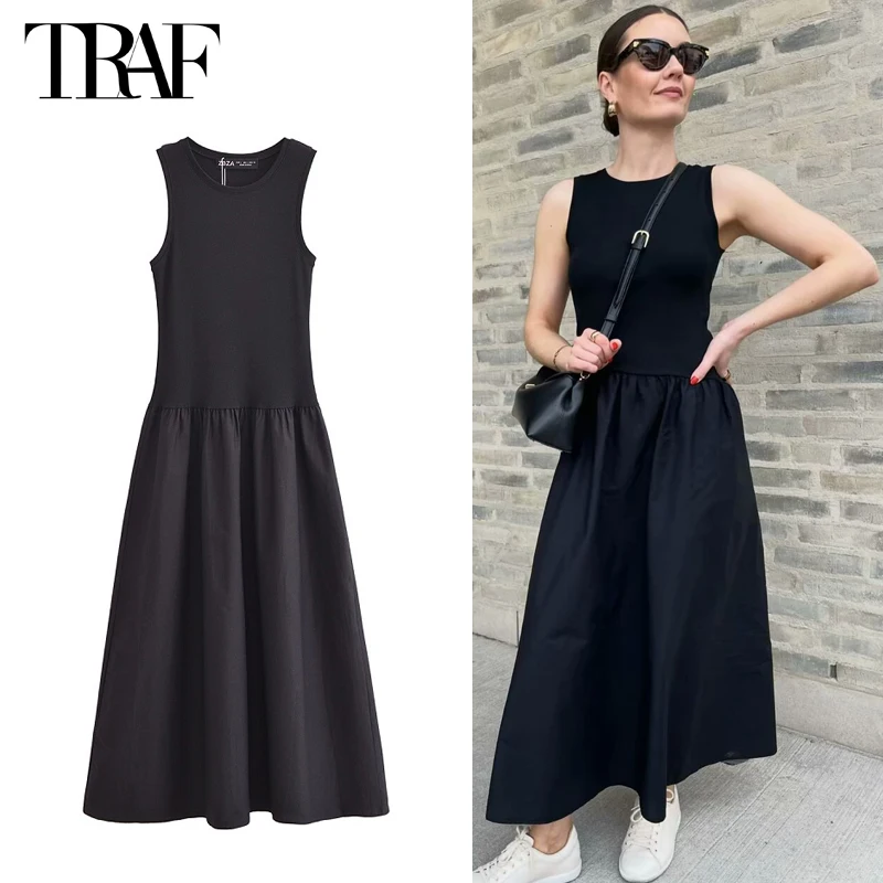 MUJER 여성용 블랙 Pleated Long Dresses 니트 민소매 맥시 드레스 여성 빈티지 파티 여성 드레스 봄 캐주얼 드레스