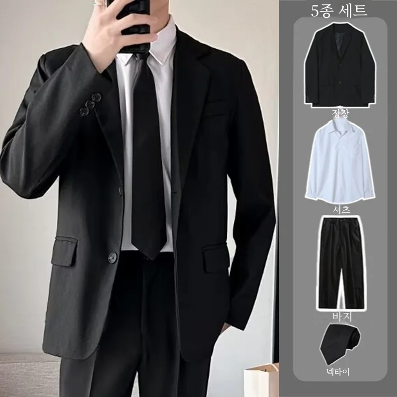캐주얼 비즈니스 웨딩 베스트맨 정장 세트 남성 재킷 탑 봄 가을 스탠다드 핏 긴팔 투버튼 싱글 브레스트