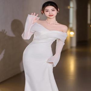 일자 어깨 신부 드레스 우아한 소프트 사틴 일자 어깨 어깨 끈 어깨 끈 어깨 드레스 신부 드레스 신부 드레스 드레스