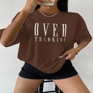 Over Thinking Letter Print 여성 코튼 반팔 통기성 빈티지 오 넥 탑 모든 수학 캐주얼 티셔츠 여성 티 의류