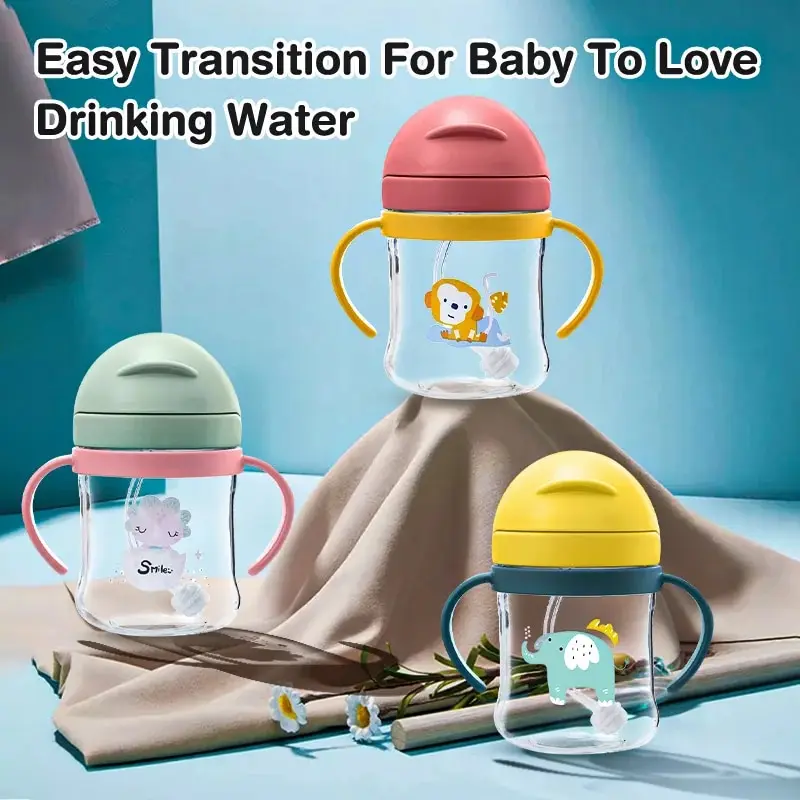 더블 핸들 플립 뚜껑이 달린 아기 물컵, 누수 방지 물컵 병, 250ml