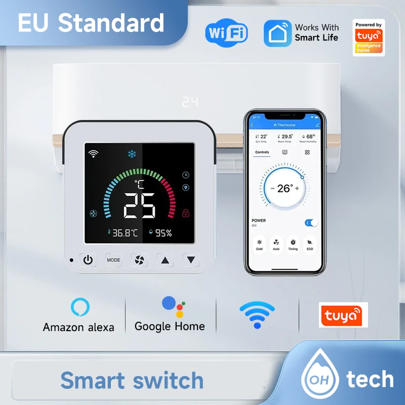 Tuya WiFi 에어컨 온도 조절기 IR 온도 습도 적외선 컨트롤러 USB 전원 LCD 터치 스크린 Google 홈 Alexa