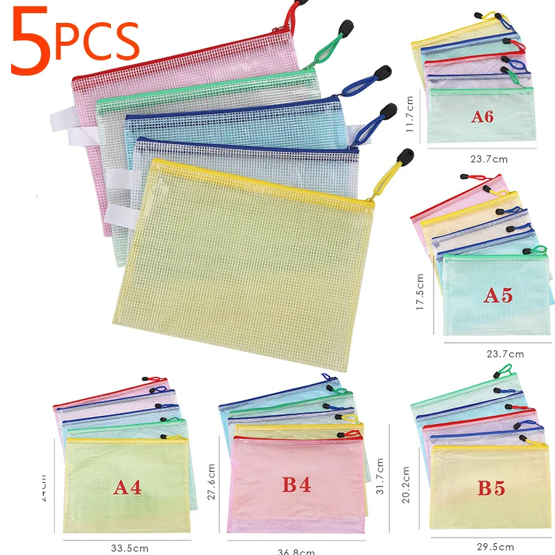 5PCS 편지지 보관 폴더 파일 메쉬 지퍼 주머니 A4 A5 A6 문서 가방 우편 파일 폴더 학교 사무용품