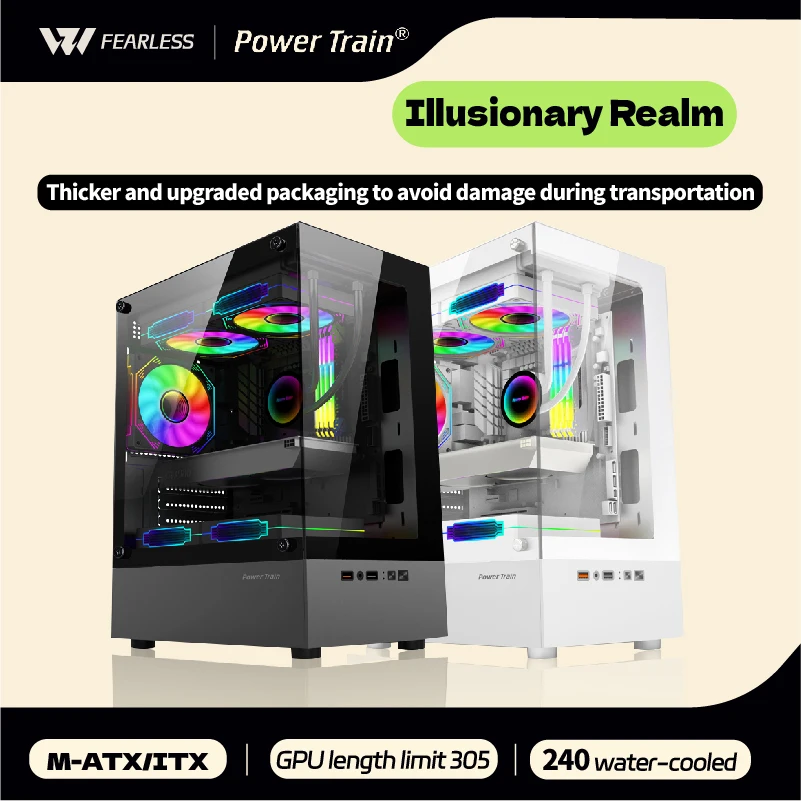 파워 트레인 Illusionary Realm 컴퓨터 케이스 M-ATX ITX Seaview 룸 측면 투명 데스크탑 섀시 지원 240 워터 쿨러
