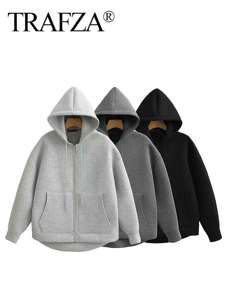 TRAFZA 겨울 신사복 지퍼 까마귀 코트 하이 스트리트 더블 포켓 Jakcet Oversize Loose Sweatshirts Outerwear Top