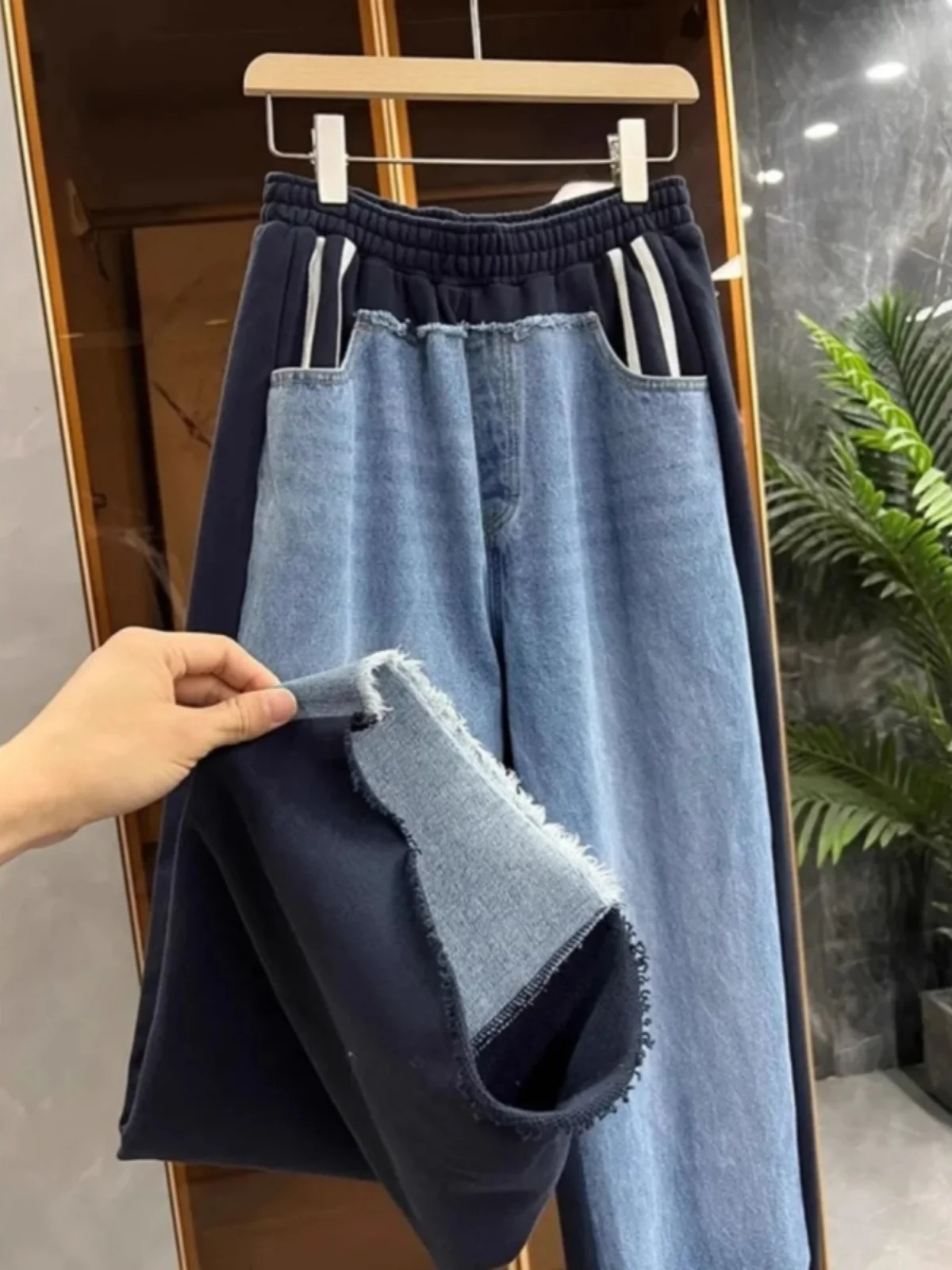 스타일리시한 바지 팬츠 여성용 하이웨이스트 루즈핏 가을 스타일리시한 트렌디한 통근용 하이웨이스트 탄력 밴딩 여성용 데님 바지 팬츠 바지 팬츠