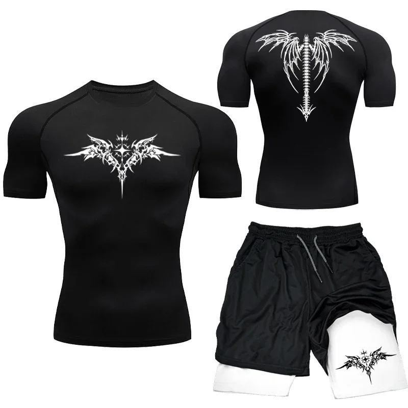 남자를위한 새로운 MMA 복싱 압축 세트 Sportwear 빠른 건조 체육관 반바지 T 셔츠 러닝 운동 꽉 스포츠 Rashguard 2PCS 정장