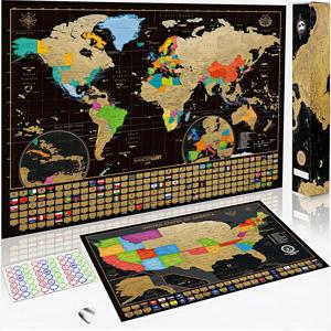 One Scratch Map - 세계 지도(대형: 32.5x23.4인치) - 성인용 디럭스 스크래치 여행 포스터, 검정색 및 금색 지도