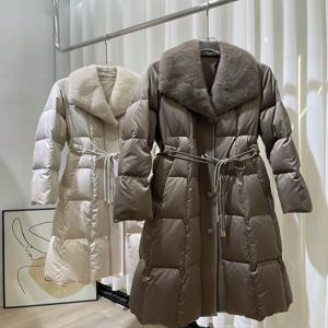 여성용 화이트 구스 다운 재킷, 천연 리얼 밍크 퍼 칼라, 두꺼운 따뜻한 재킷, 럭셔리 롱 코트, 겨울 패션, 2024 신상
