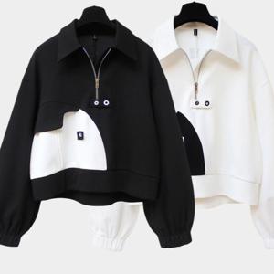 150kg까지 빅사이즈 여성 차이나넥 얇은 반집업 칼라 배색 단추 풀오버 맨투맨 가을 편한 3xl 4xl 패션 루