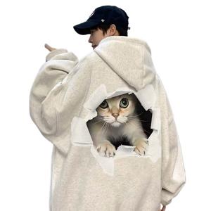 아메리칸 트렌디표 취미 고양이 날염 후드 후드 남녀 가을 겨울 신상 루즈한 커플 기모 외투