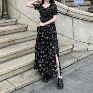 여성 여름 휴양지 쉬폰 원피스 플라워 셔링 반팔 롱원피스
