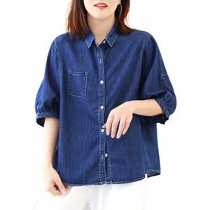 여자 루즈핏 데님 반팔 셔츠 셔링 데일리 청셔츠