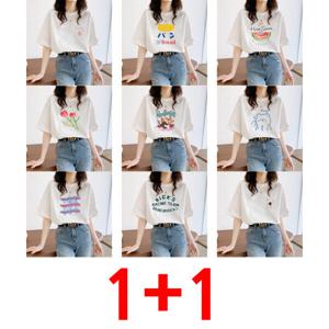 1+1 반팔티셔츠 여름 여성복 순면 신상 화이트 루즈핏 반팔 상의 캐주얼 편한 코디