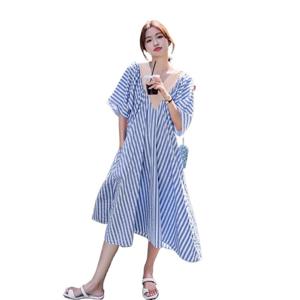 150kg까지 여름 브이넥 핑크 스트라이프 미디엄 롱 원피스 루즈핏 배 가려 날씬해 보이는 미디엄 롱 오버슬