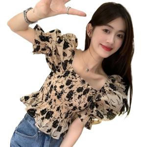 여자 여름 데일리 상의 쉬폰 고급 반팔 블라우스 셔츠