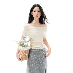일자넥 오프숄더 주름 허리 접는 반팔 티셔츠 여성 여름 절미 기질 날씬해 보이는 달콤 매콤한 상의