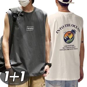 1+1 남성용 패션 민소매 오버핏 티셔츠 2P