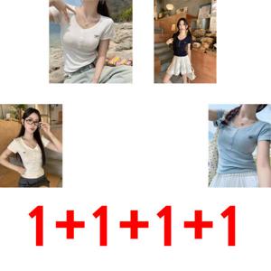 1+1+1+1  브이넥 반팔 티셔츠 여름 리본 자수 슬림핏 상의