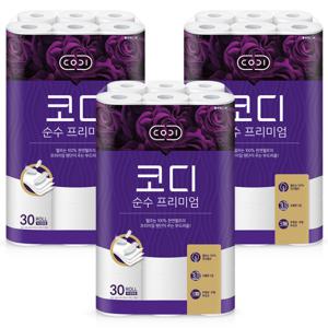 코디 화장지 순수 프리미엄 3겹 30M_30롤 X 3개_엠보싱_도톰한_무향_무잉크_무형광_100%천연펄프