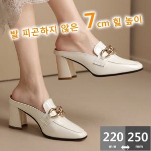 여성 뮬슬리퍼 7cm 가죽  패션 올매치 금속 버클 샌들 여성 블로퍼 웨지샌들