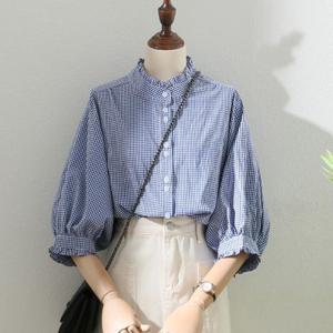 봄 긴 소매 셔츠 여성 캐주얼 패션 헐렁헐렁 큰 사이즈 체크 셔츠 여성 꽃잎 셔츠 여성 고급 셔츠