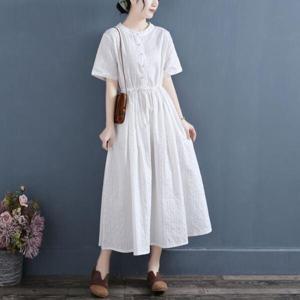 여성 여름 면 린넨 라운드 롱 원피스