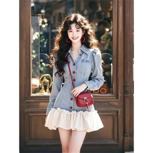 패치워크 데님 원피스 빅사이즈 허리 조임 날씬해 보이는 유니크 스트리트 스커트