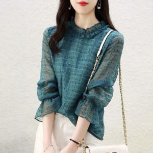 여성 긴팔 우아한 매력적인 나팔 소매 프릴 디테일 도트 무늬 데일리 쉬폰 블라우스