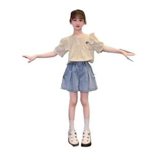 여아 여름 반팔 티셔츠 데님 반바지 인형 셔츠 얇은 세트 중 대아 시절 옷 유행 서양파 어린이