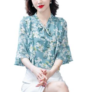 여성 여름 쉬폰 플라워 블라우스 반팔티 타이넥 데일리룩 반팔 상의