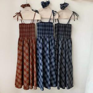 여성 체크 롱원피스 여름 밴딩 민소매 뷔스티에 끈 나시 원피스 BLACKTEA10