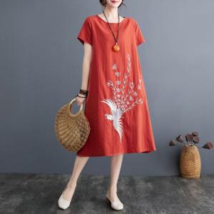 여름 면 마 원피스 여성 반팔 루즈핏 빅사이즈 자수 A라인 스커트