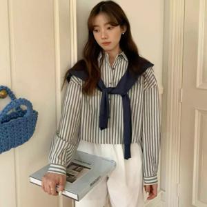여성 스트라이프 남방 루즈핏 데일리 베이직 카라 긴팔 셔츠 BLACKTEA8
