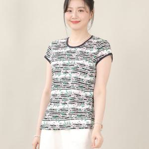 애비뉴투지 엄마옷 실켓 면 꽃 줄무늬 여름 라운드 짧은 반팔 티셔츠 A06509