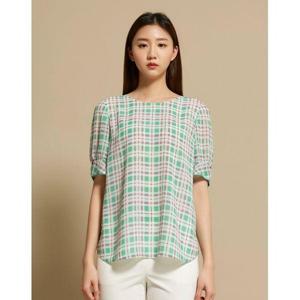 [올리비아로렌]라운드네크 체크 블라우스_VOCNSWM4331