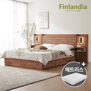 [최저가 도전] 핀란디아 딜라이 원목 호텔식 수납 퀸침대Q+독립매트리스+LED조명협탁2개