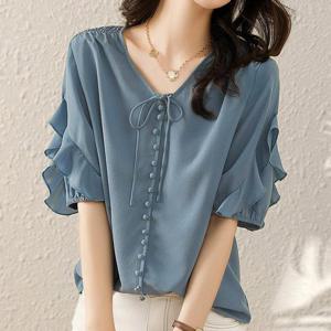 [퀸이즈] [~77까지]티온 프릴 셔링 소매 블라우스