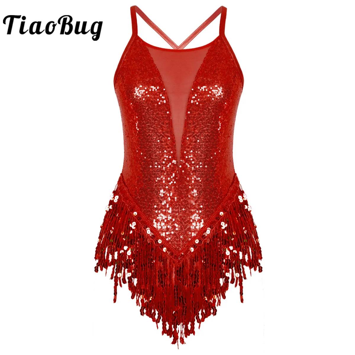 Womens Sparkly Sequins 드리 워진 레오타드 바디 슈트 점프 슈트 라틴 재즈 모덴 현대 무용 무대 공연 의상