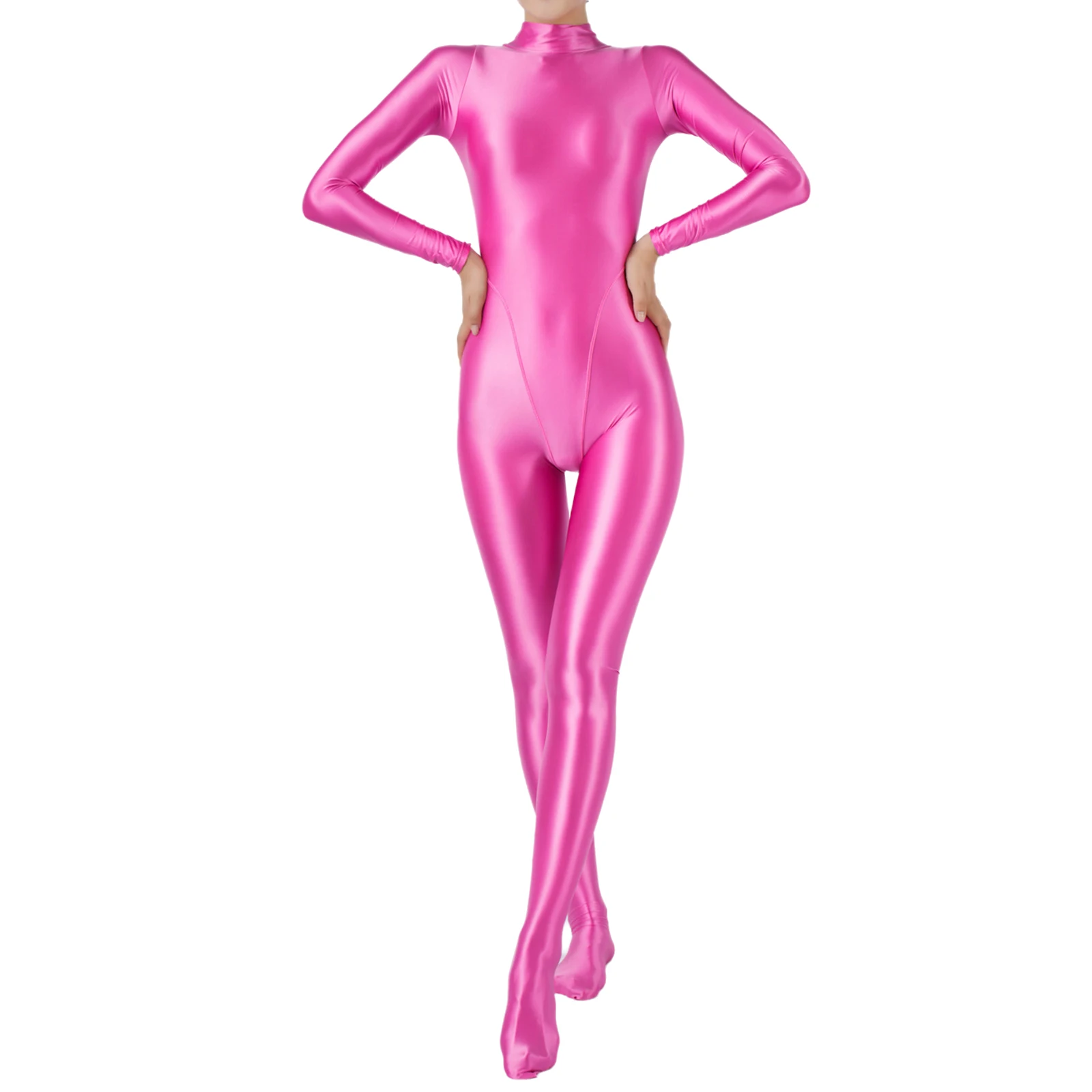 Womens Oil Shiny Glossy Jumpsuit 모의 목 긴 소매 전신 스타킹 바디 슈트 체육관 운동 피트니스 요가 러쉬 가드 수영복