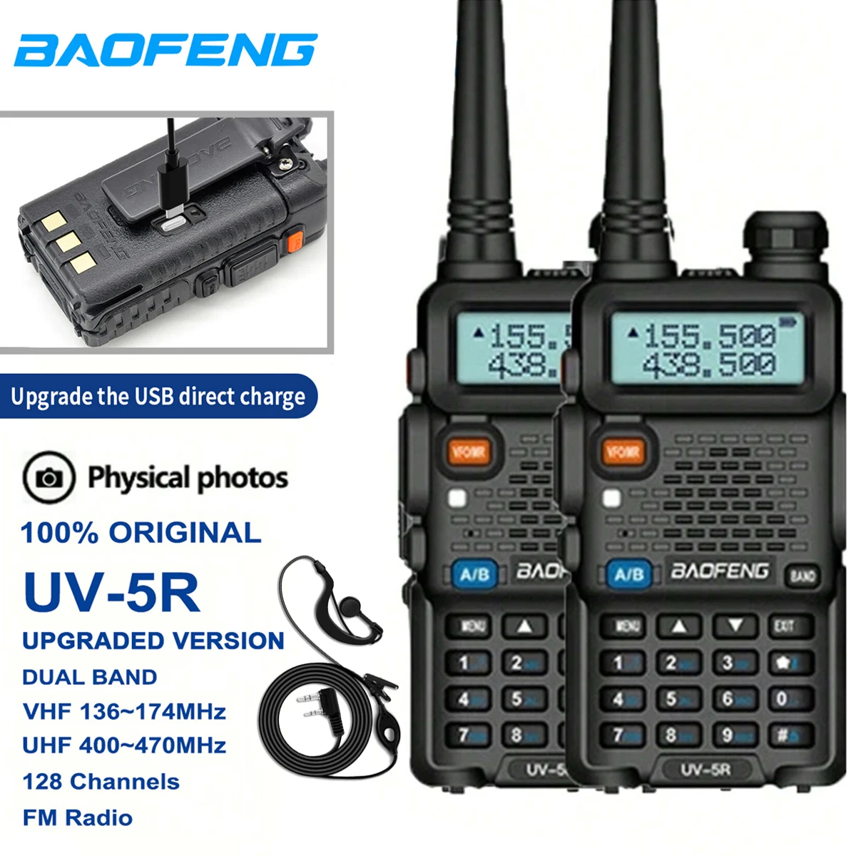 1PC/2PCS Baofeng UV-5R USB 장거리 햄 아마추어 FM 라디오 장거리 휴대용 양방향 라디오 Baofeng CB 라디오 워키 탈