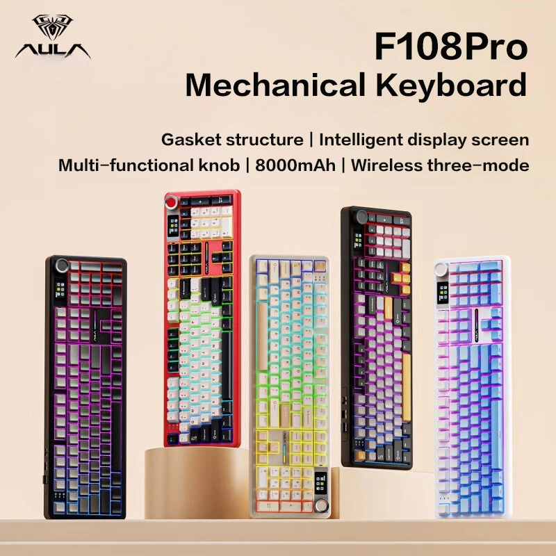 AULA F108 Pro 기계식 키보드 3모드 Bluetooth /2.4G/ 유선 맞춤형 풀 키 핫 스왑 가능 가스켓 구조 RGB 조명