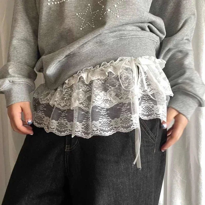 여성 Y2K 한국어 레이스 미니 레이어드 스커트 streetwear 레이스 업 프릴 하라주쿠 하이 웨이스트 플리츠 여성용 jupe 스커트 의류