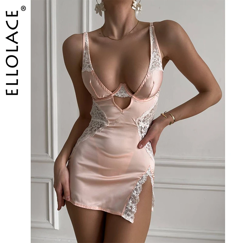 Ellolace 섹시한 Deep-V 넥 새틴 드레스 섹시한 란제리 레이스 패치 워크 분할 시시 나이트 드레스 여성 슬립 드레스 실크 Nightwear
