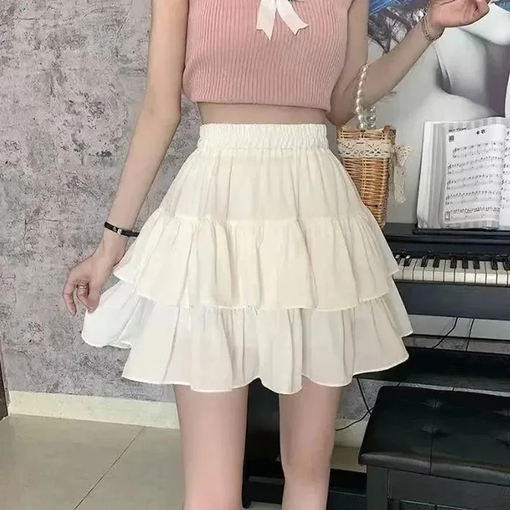Pleated a 라인 스커트 화이트 여성 프릴 Sweet Hottie Preppy 스타일 탄성 탄성 허리 슬림 얇은 SimpleCasual 여름 도매