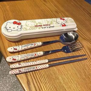 Sanrio 헬로 키티 만화 귀여운 높은 외관 젓가락 숟가락 세트 스테인레스 스틸 학생 회사원 휴대용 식기