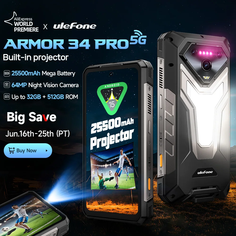 【세계 최초 공개】Ulefone Armor 34 Pro 5G AI 러기드 폰 25500mAh 최대 32GB+512GB 내장 프로젝터 120Hz 6.95인치 NFC 스마트폰 LED 조명 IP69K 64MP 나이트 비전 휴대폰